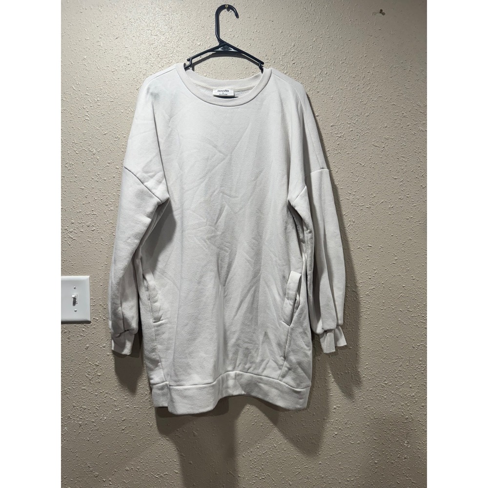 Zenana Womens Cream Oversized Fleece Lined Sweatshirt Tunic Pockets Large
